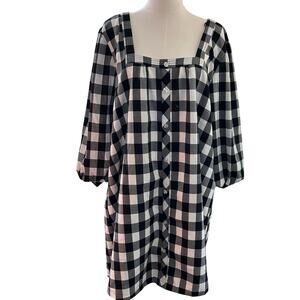 Dress Black Plaid LG Balloon Sleeve Square Neck Peasant Boho Minimalist Mud Pie